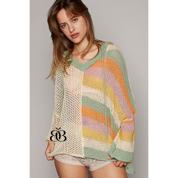 POL Half & Half Solid Striped Colorful Summer Knit Hoodie Sweater - Picture 8 of 9